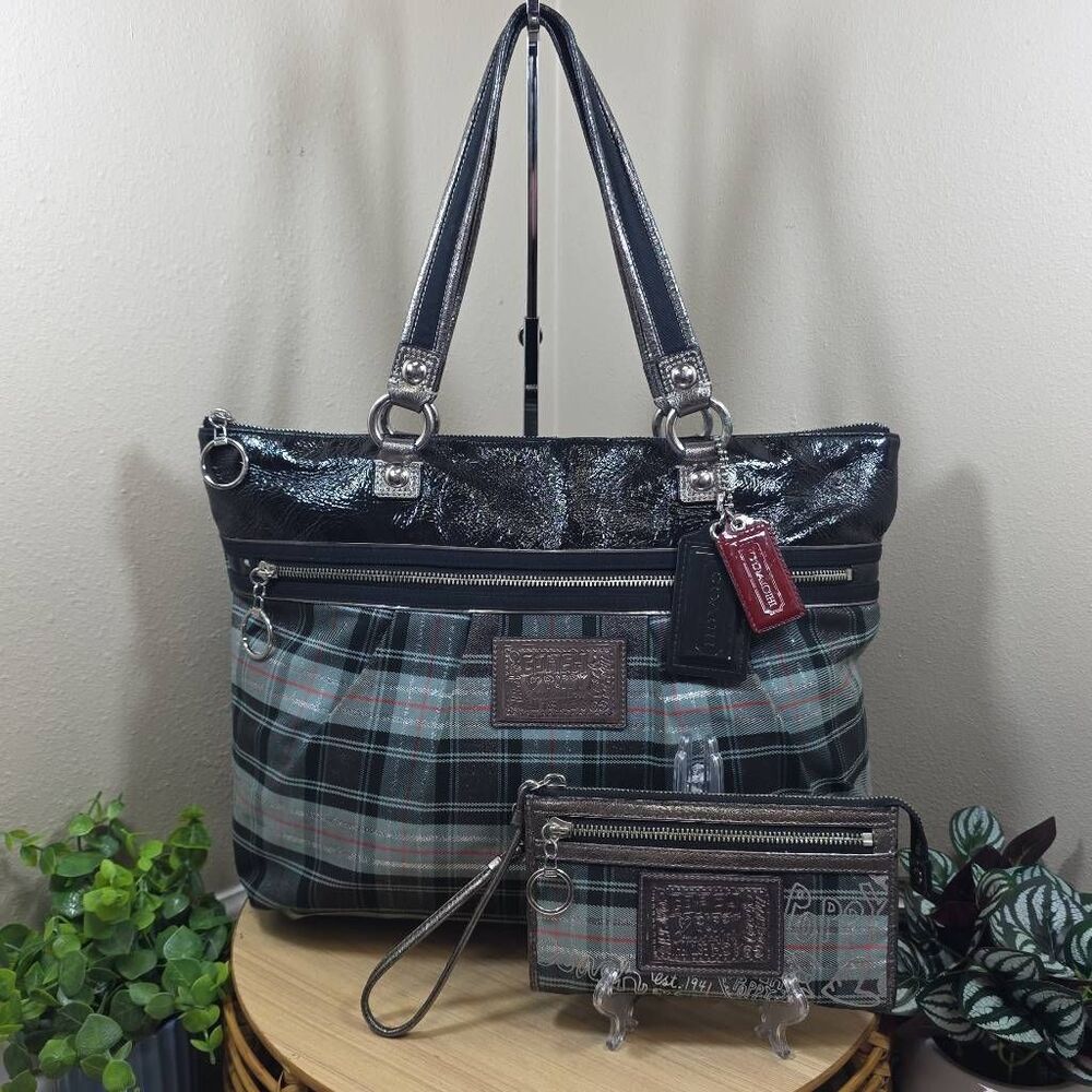 Coach Poppy Tartan Glamour Tote & Matching Wallet | Plaid Sparkle Shoulder Bag |